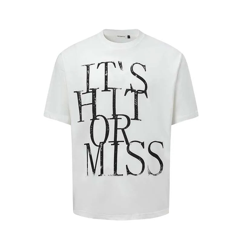 Men's blue t-shirt with white letter printing, loose fit round neck design