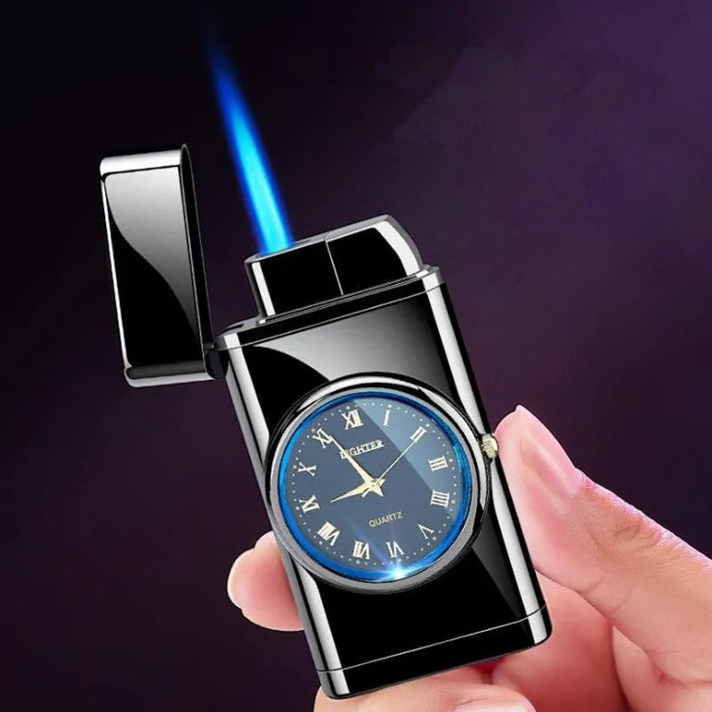 Multifunctional electronic watch and gas lighter with LED flashing lamp in metal body