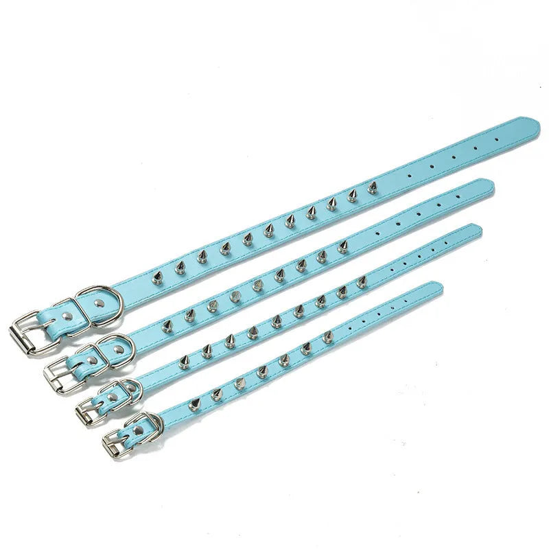 A studded PU leather dog collar in one of six colours with an alloy fastener, shown next to a size chart.