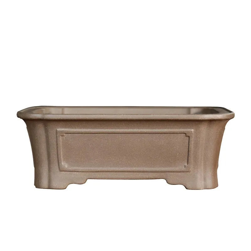 Rectangular antique-style purple sand flowerpot for bonsai, shown on a floor.