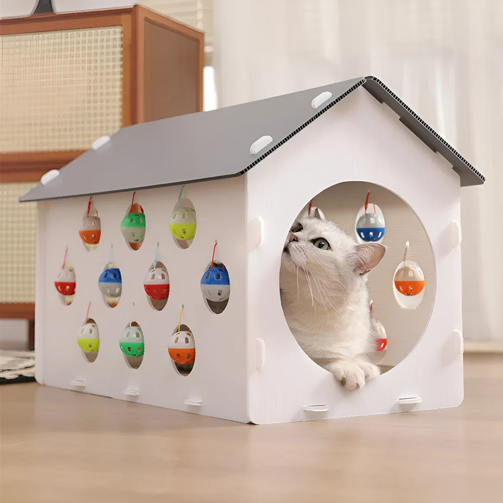 Integrated plastic cat scratch board nest with a tunnel and a hanging bell ball toy.