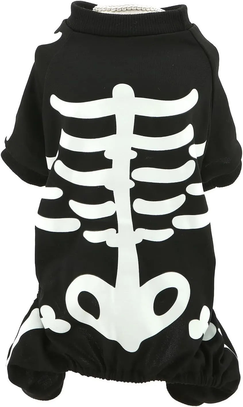 Glow in the dark skeleton Halloween dog costume jumpsuit for small dogs, sizes S to XL