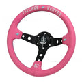 Pink leather 13-inch steering wheel with universal Lightning connector and aluminum bracket.