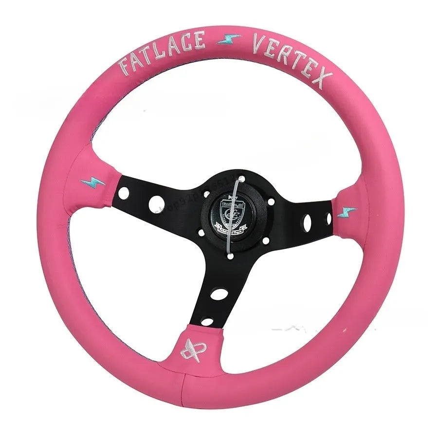 Pink leather 13-inch steering wheel with universal Lightning connector and aluminum bracket.