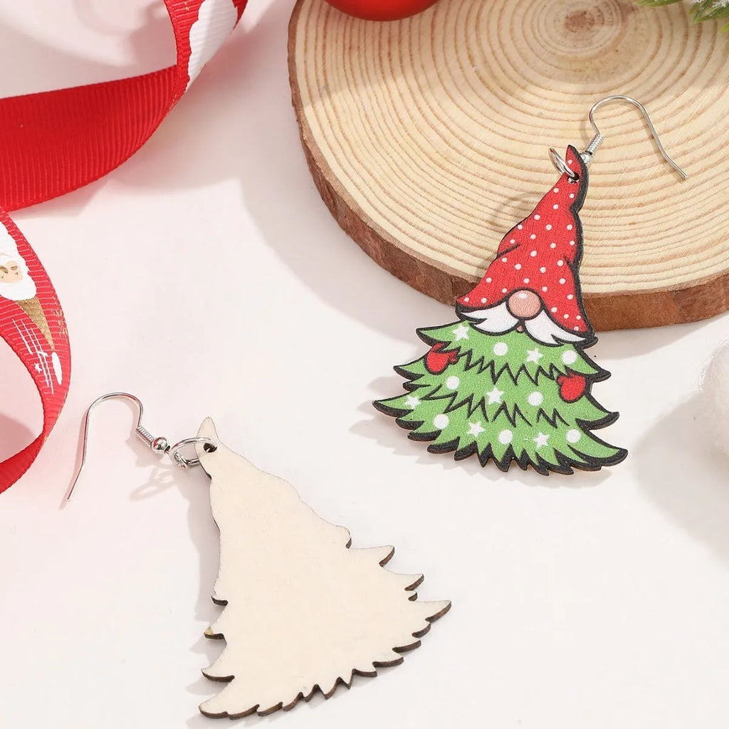 Women's creative Christmas wooden earrings with Christmas tree and water drop snowman designs