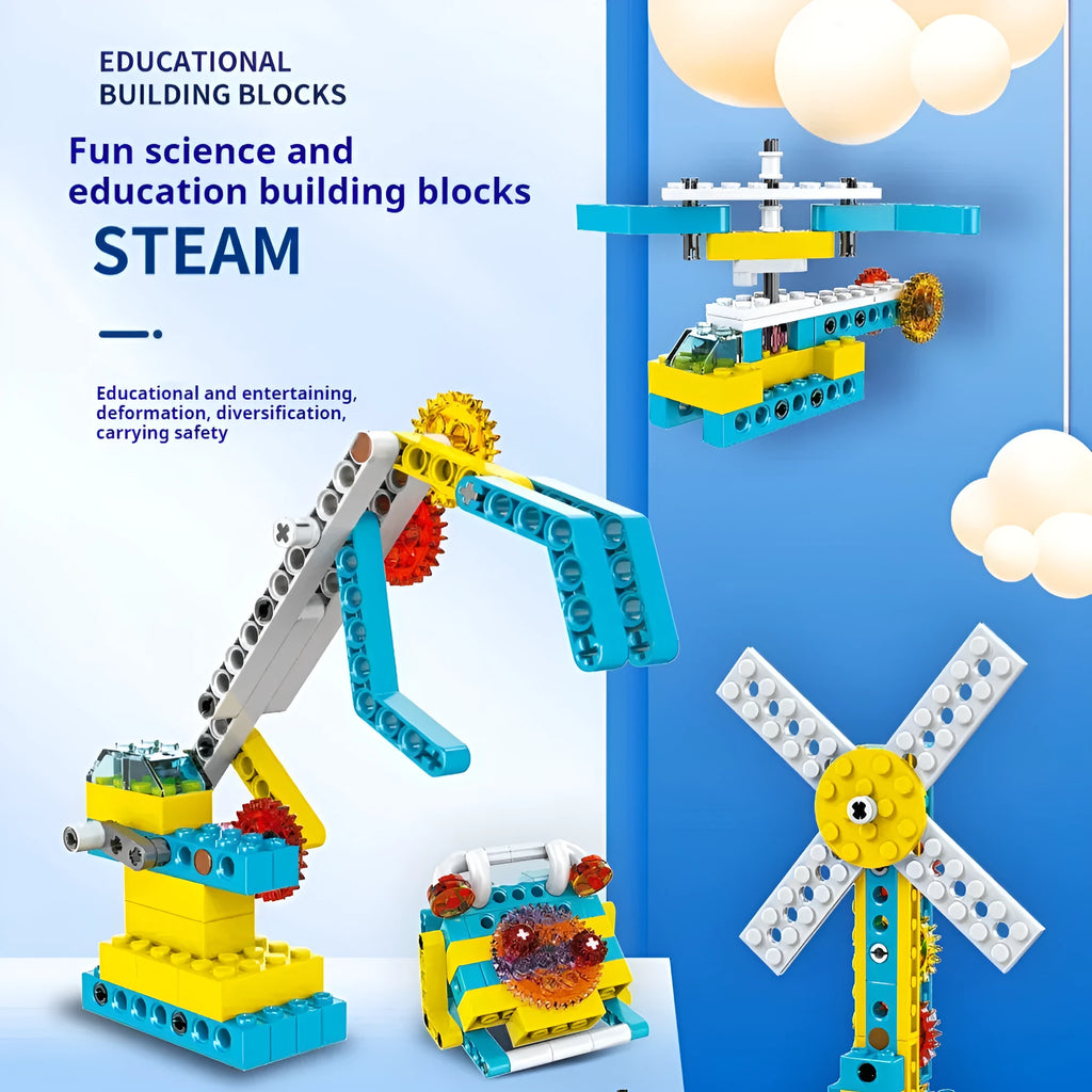3-in-1 mechanical gear building block set showing multiple model options in colour box packaging