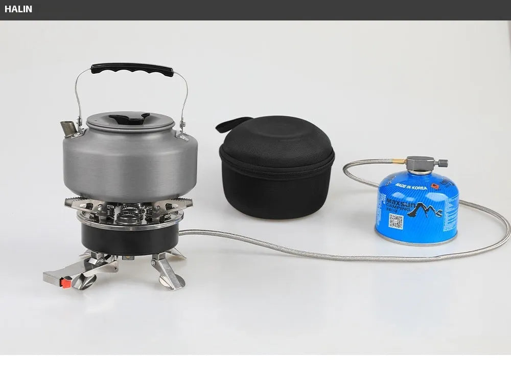 Silver portable split camping stove with stainless steel body and a long black flexible hose.