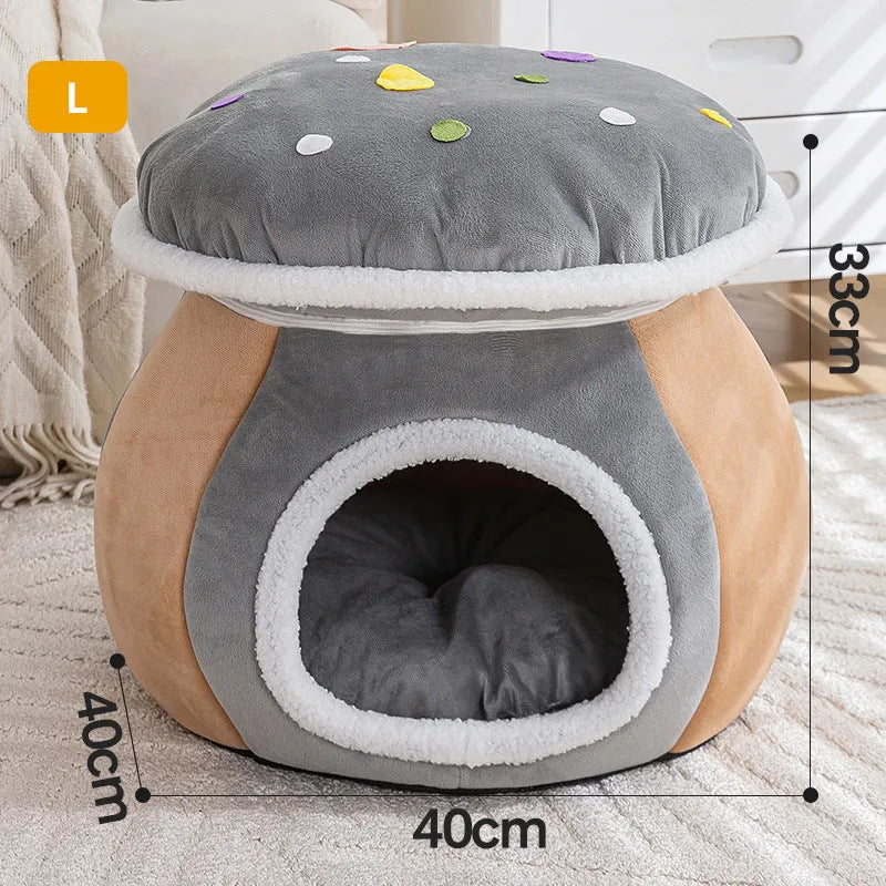 Grey mushroom-shaped plush cat bed on a white background.