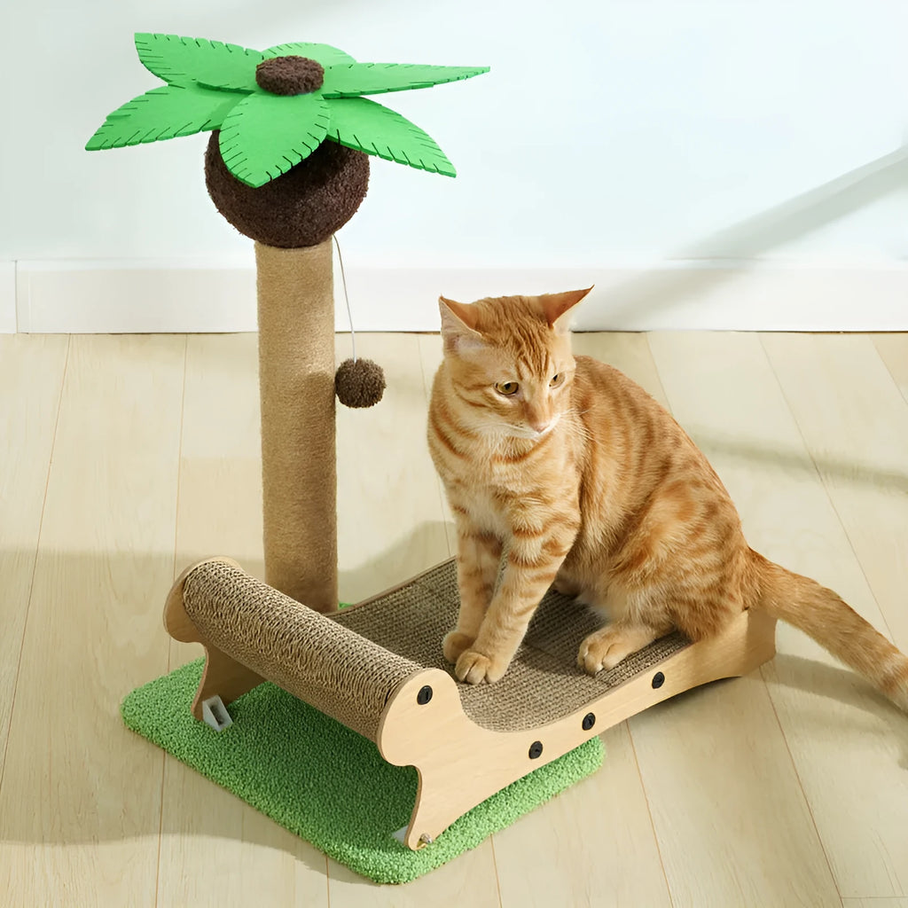 Wooden beach chair style cat climbing frame with a scratch board and hemp mat.