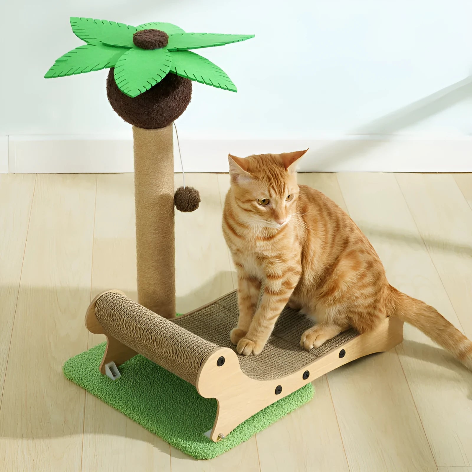 Wooden beach chair style cat climbing frame with a scratch board and hemp mat.
