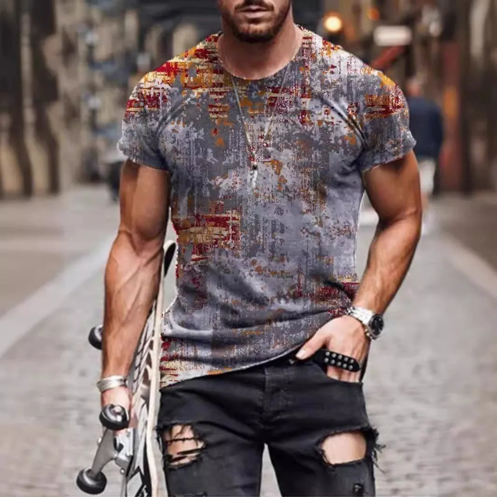 Men's loose fit short-sleeve T-shirt with a digital camouflage print on milk silk fabric.