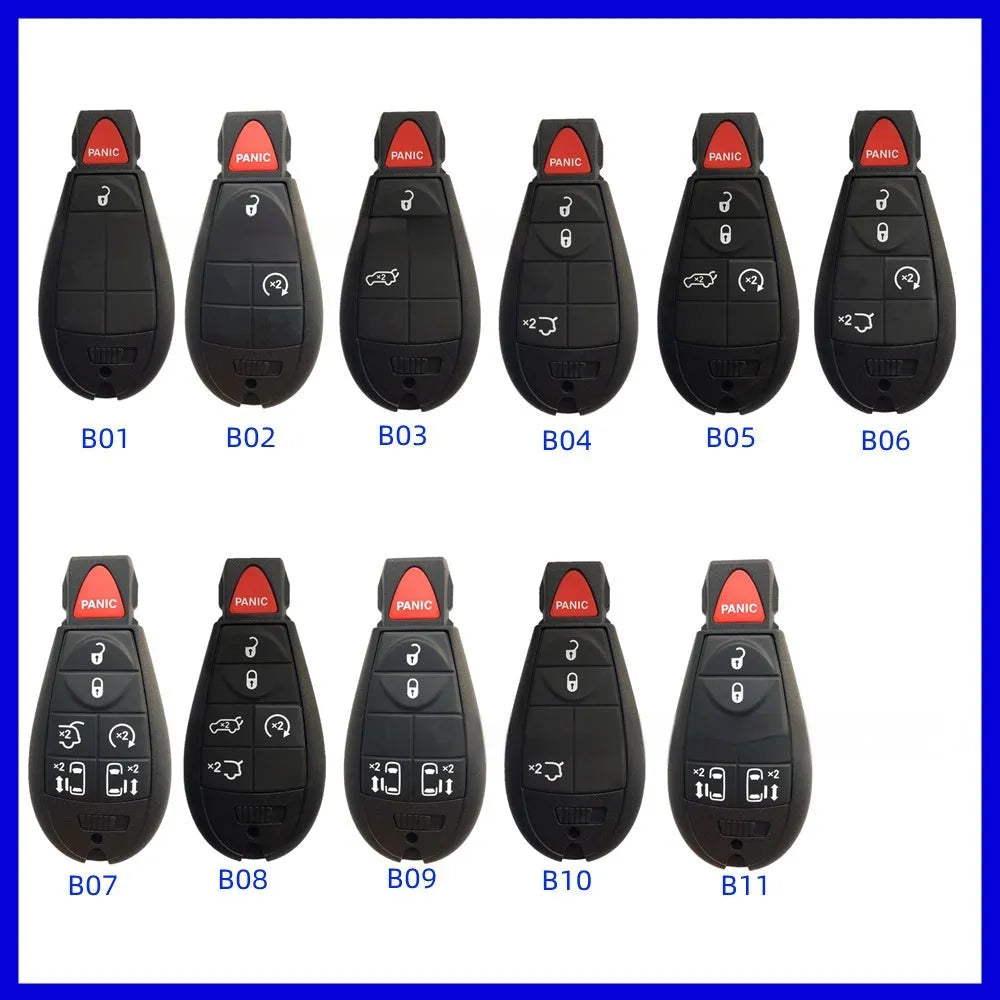 White plastic key shell case for Dodge and Chrysler smart keys, showing front and back views.