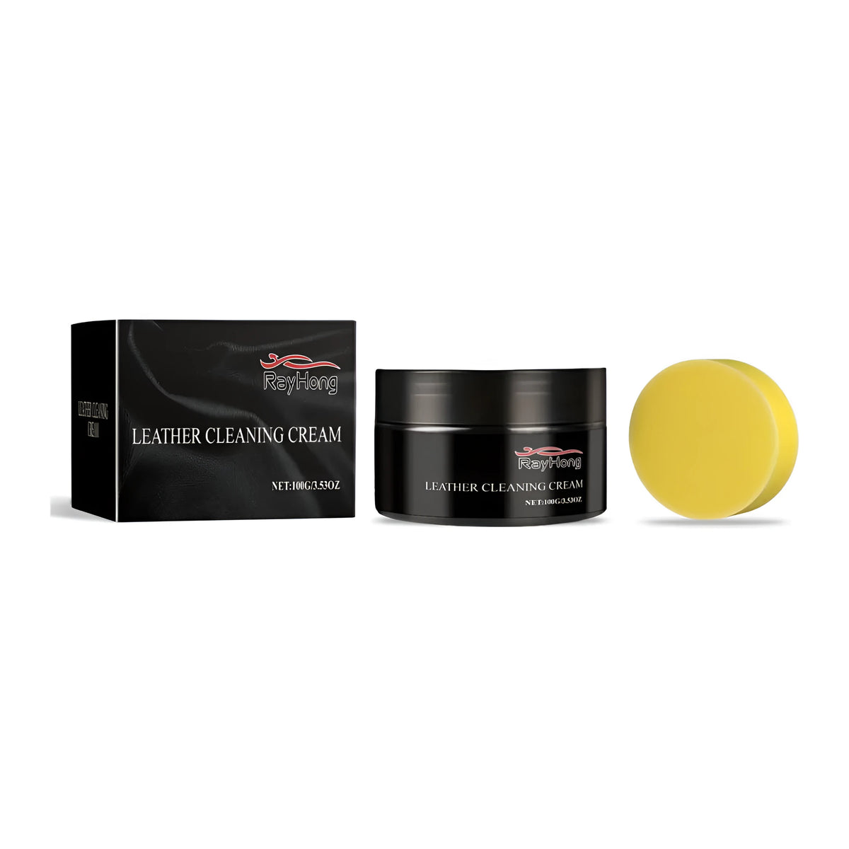 Leather cleaning cream 100g bottle with beeswax and lanolin, shown with application sponge, 7.1cm x 4.4cm bottle