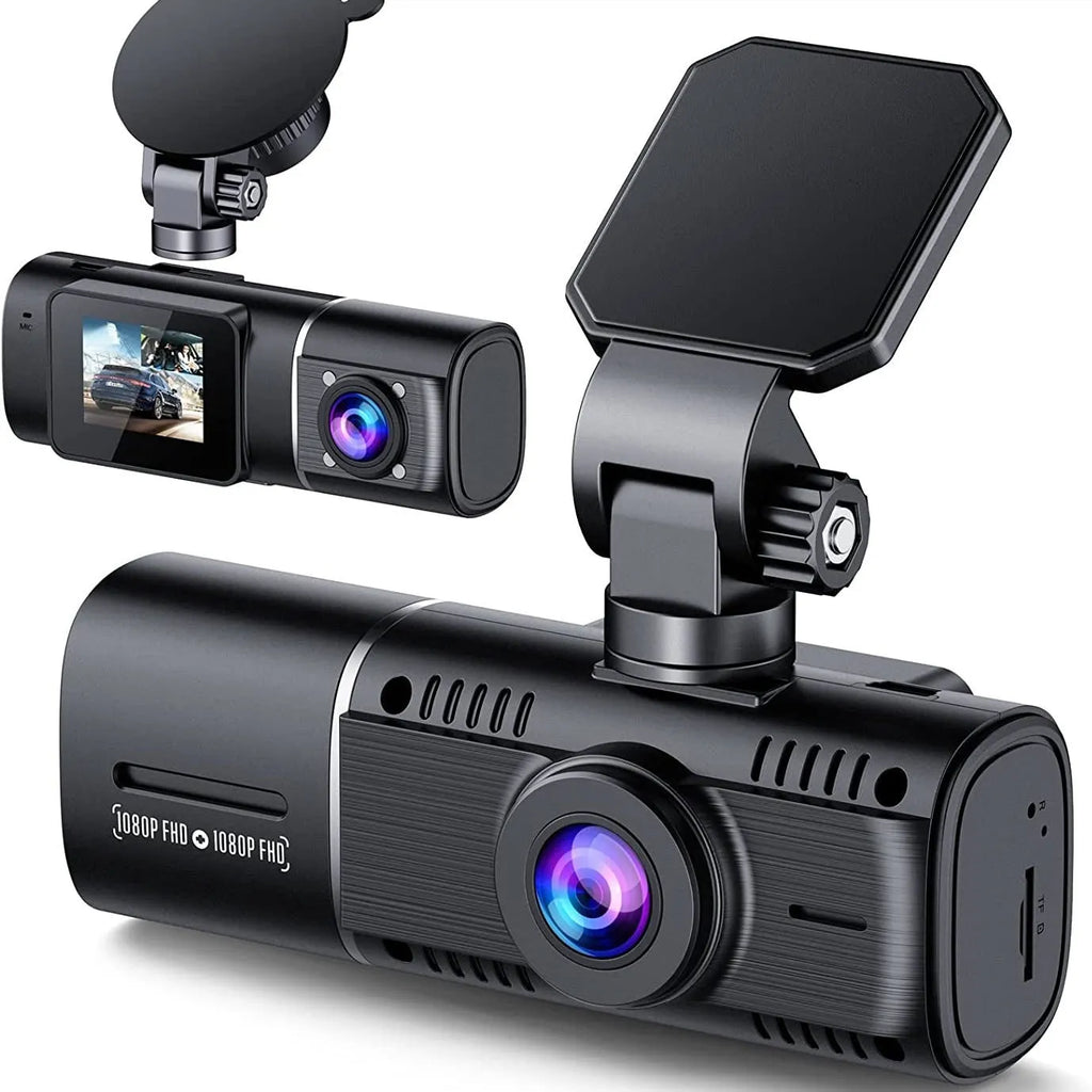 Standard black 1080p dash cam for cars with front and rear recording.