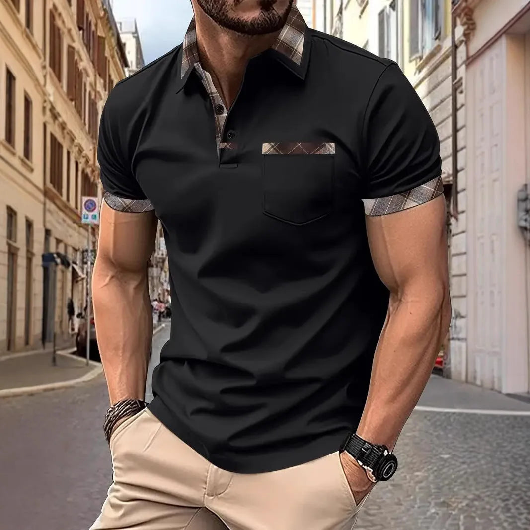 Man wearing a loose-fit plaid colourblock short sleeve t-shirt in a summer setting.