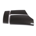 Set of three black ABS car armrest box protective covers with a diagonal carbon fibre weave pattern and shiny surface.