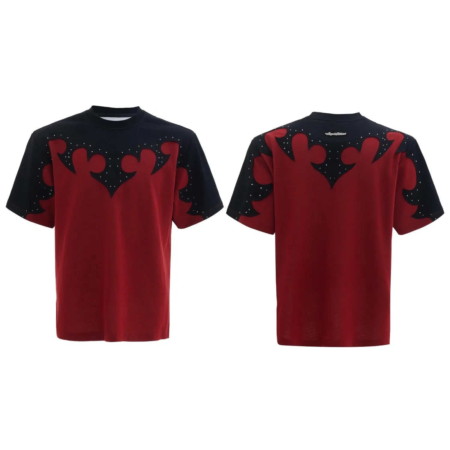 Men's grey cotton shirt with a raised burnt flower pattern and rhinestone decoration on the front.