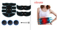 Abdominal muscle electrotherapy patch device with digital display, showing red, blue, and yellow edge colour options.