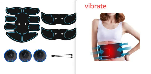 Abdominal muscle electrotherapy patch device with digital display, showing red, blue, and yellow edge colour options.