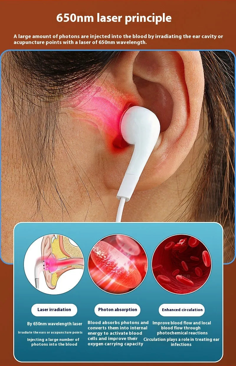 White portable 650nm laser otitis meter set with control box, earplugs, silicone ear caps and charging cable