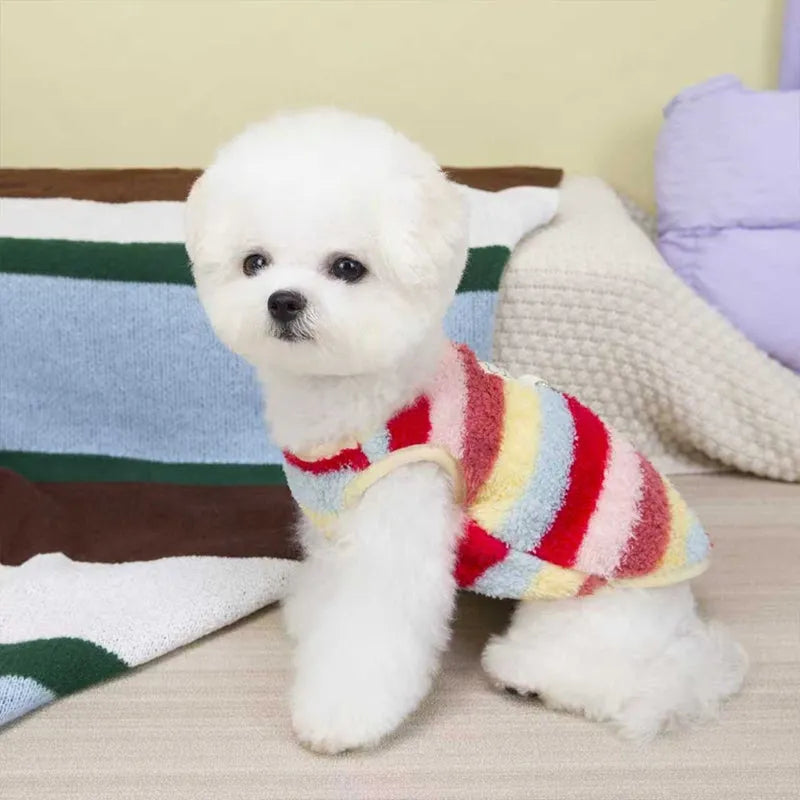 Striped fuzzy two-legged dog coat with integrated leash ring and bear cloth label, for small and medium dogs
