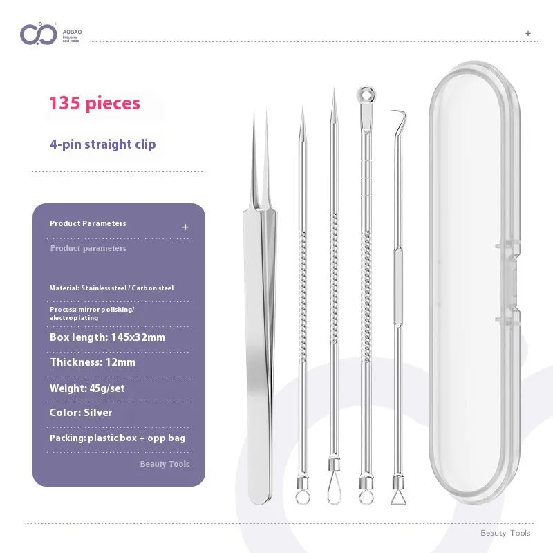 4-piece silver metal acne needle set with ultra-fine pointed tips for skin care