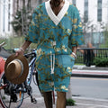 Men's peacock blue 3D printed knitted shorts suit with matching T-shirt jacket.