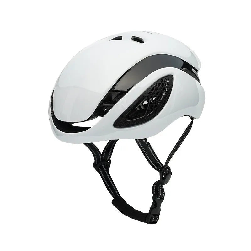 Lightweight road bike helmet in white with PC+EPS construction and adjustable fit system for adult cyclists