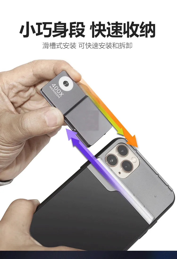Black silver 400X mobile phone microscope lens with aluminium alloy case for iPhone.