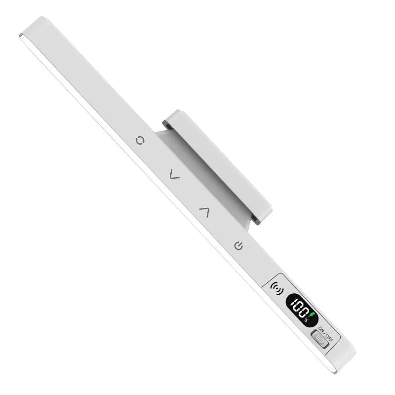 Magnetic rechargeable table lamp with long strip light bar, touch remote control, and built-in lithium battery for dormitory study use.