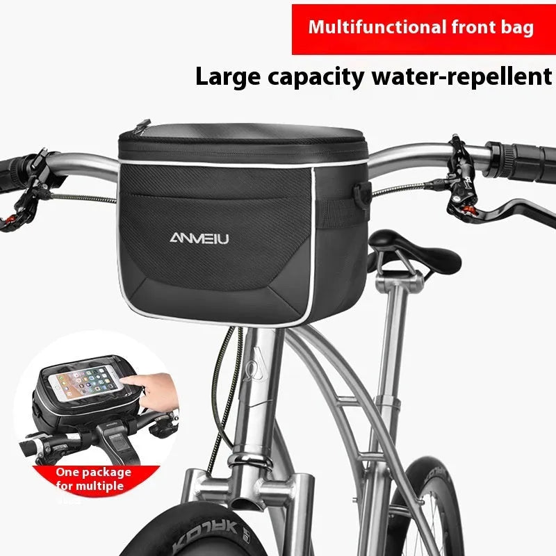 Black 7-inch bicycle handlebar bag with scooter head folding design mounted on bicycle