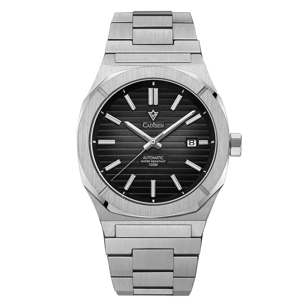 Men's automatic mechanical watch with 40mm stainless steel case, white dial, and blue steel band