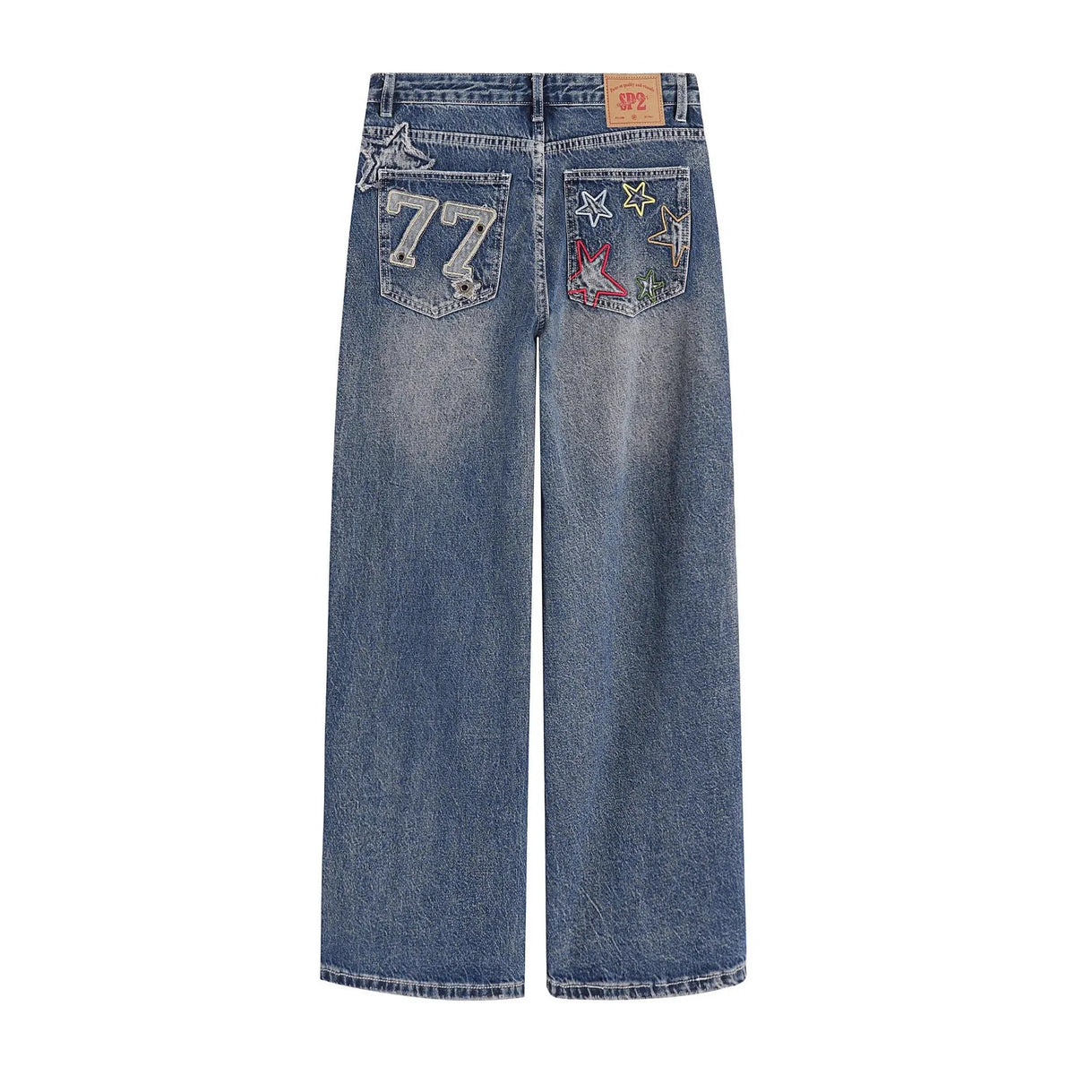 Blue designer embroidered high-waisted retro loose slimming trousers with mid waist and zip fly, sizes S to 3XL.