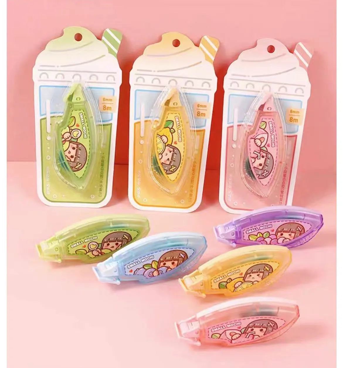 Hand Account Dotting Glue dispenser with high viscosity double-sided adhesive dots in cute fruit juice colours.