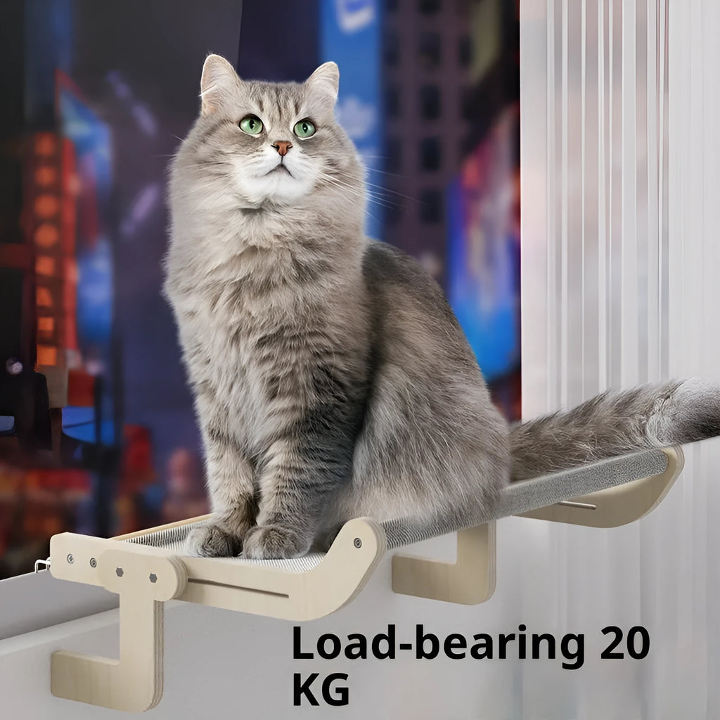 Extra large cat hanging bed with solid wood board in blue on a balcony, with canvas hammock