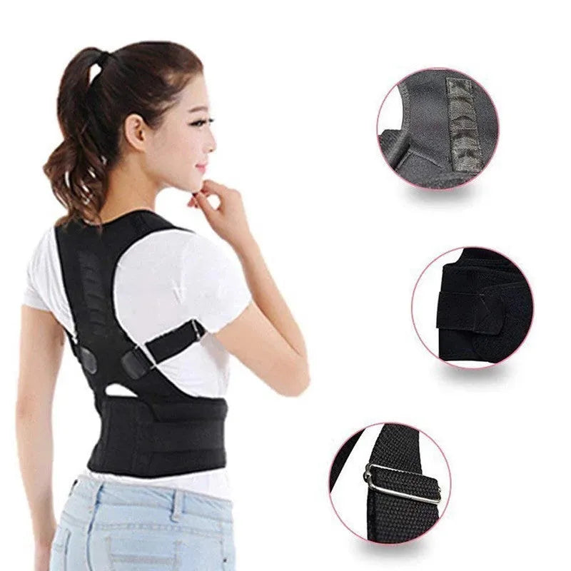 Kyphotone black back posture corrector with shoulder straps and waist belt on a plain background
