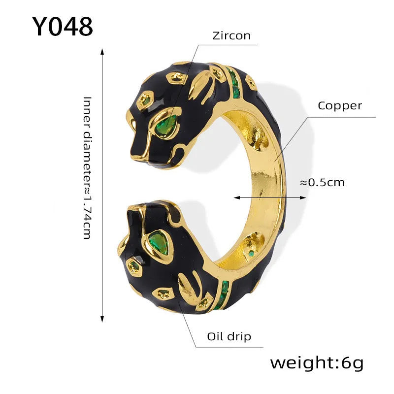 Black geometric copper ring with cheetah animal oil dripping pattern - size 7 women's fashion jewellery