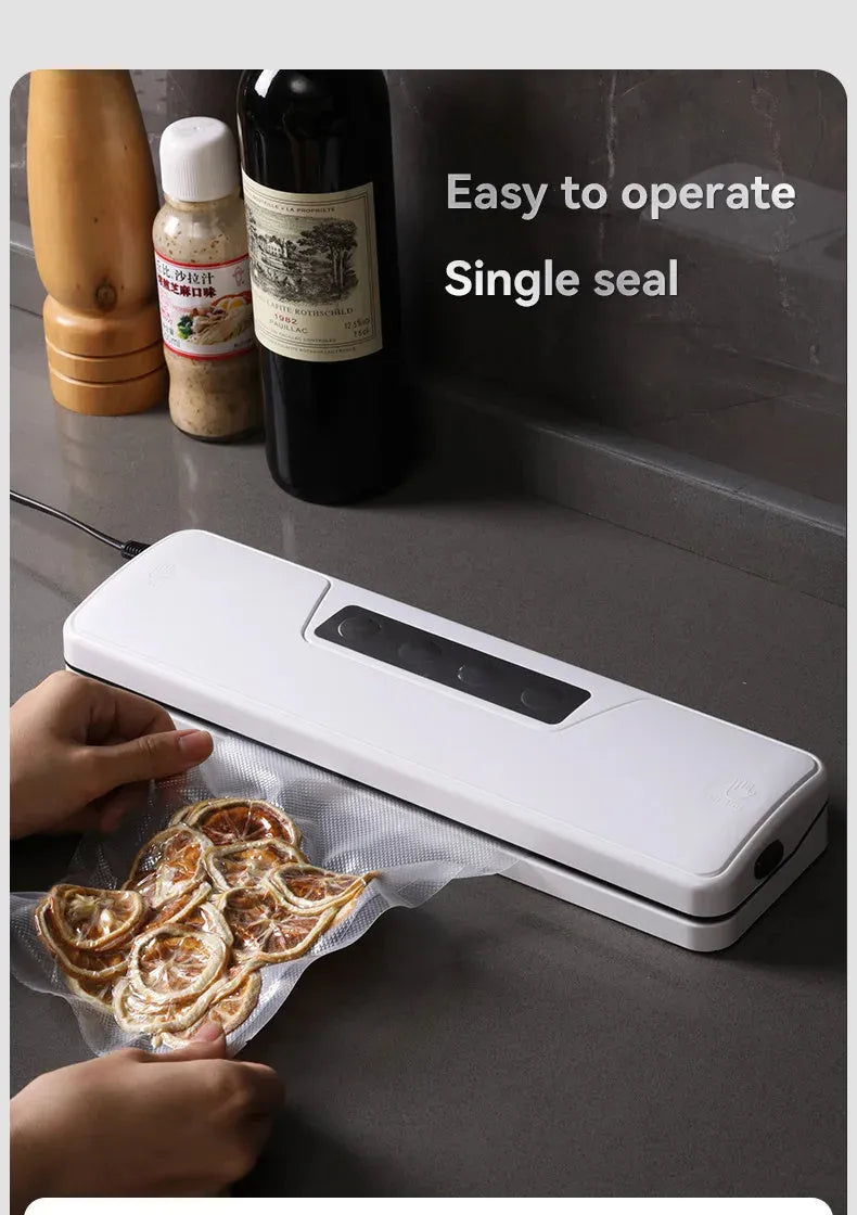 Compact white automatic vacuum sealer machine for household food preservation with wireless charging capability