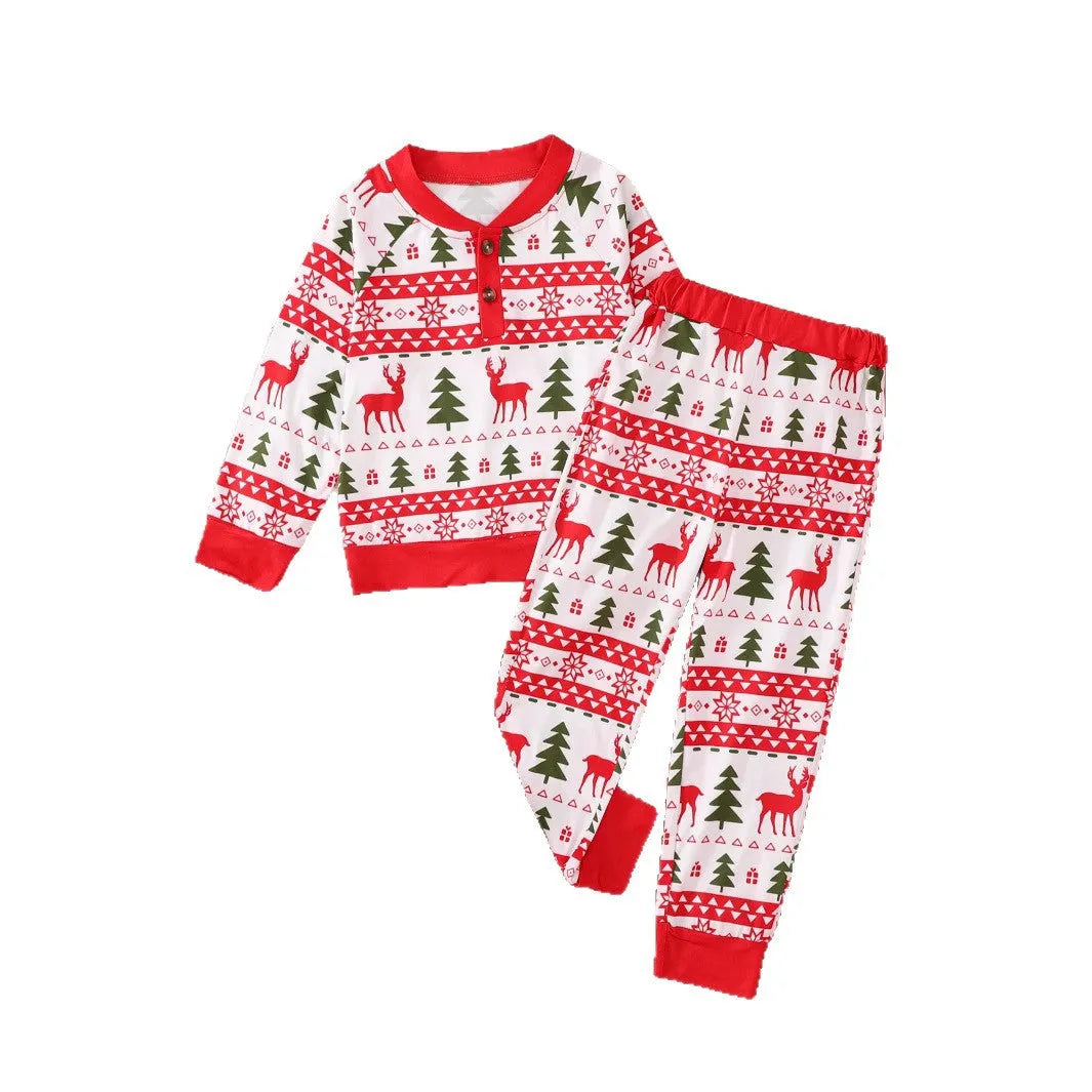 Red boys Christmas print suit two-piece polyester set with animal print top and trousers on white background