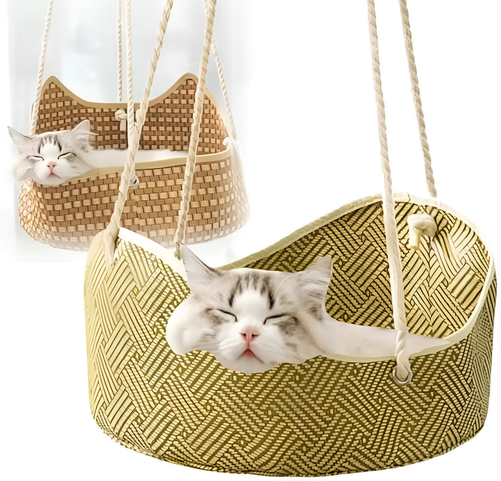 Green rattan cat hammock with cotton ropes and metal hooks, shown hanging