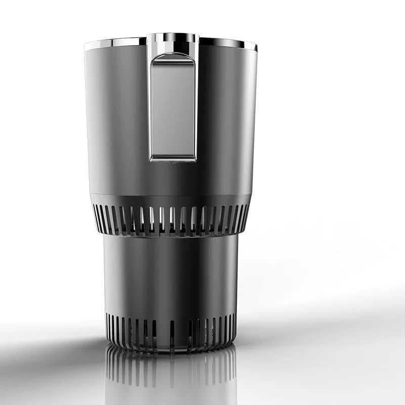 Black 2-in-1 car cup holder with digital temperature display showing heating and cooling functions for vehicle use