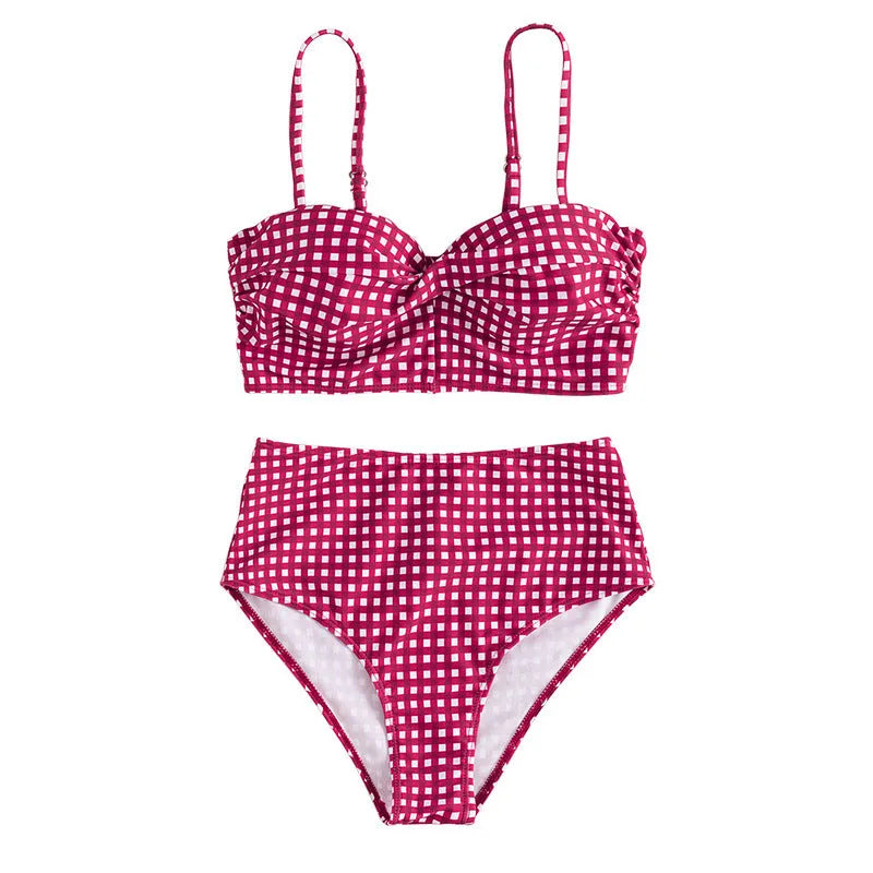 Women's plaid high-waist bikini swimsuit in rose red with polyester lining