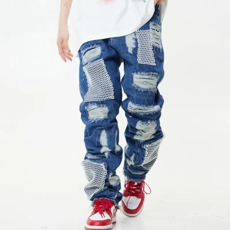 Men's heavy industry hole and patch straight jeans in black or blue, mid waist, cotton, sizes XL 2XL 3XL