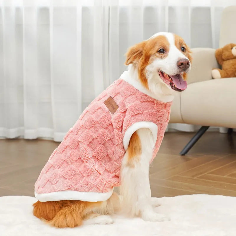 Pet autumn winter cotton dog coat with coral fleece lining in yellow square grid pattern, size M, shown on small dog