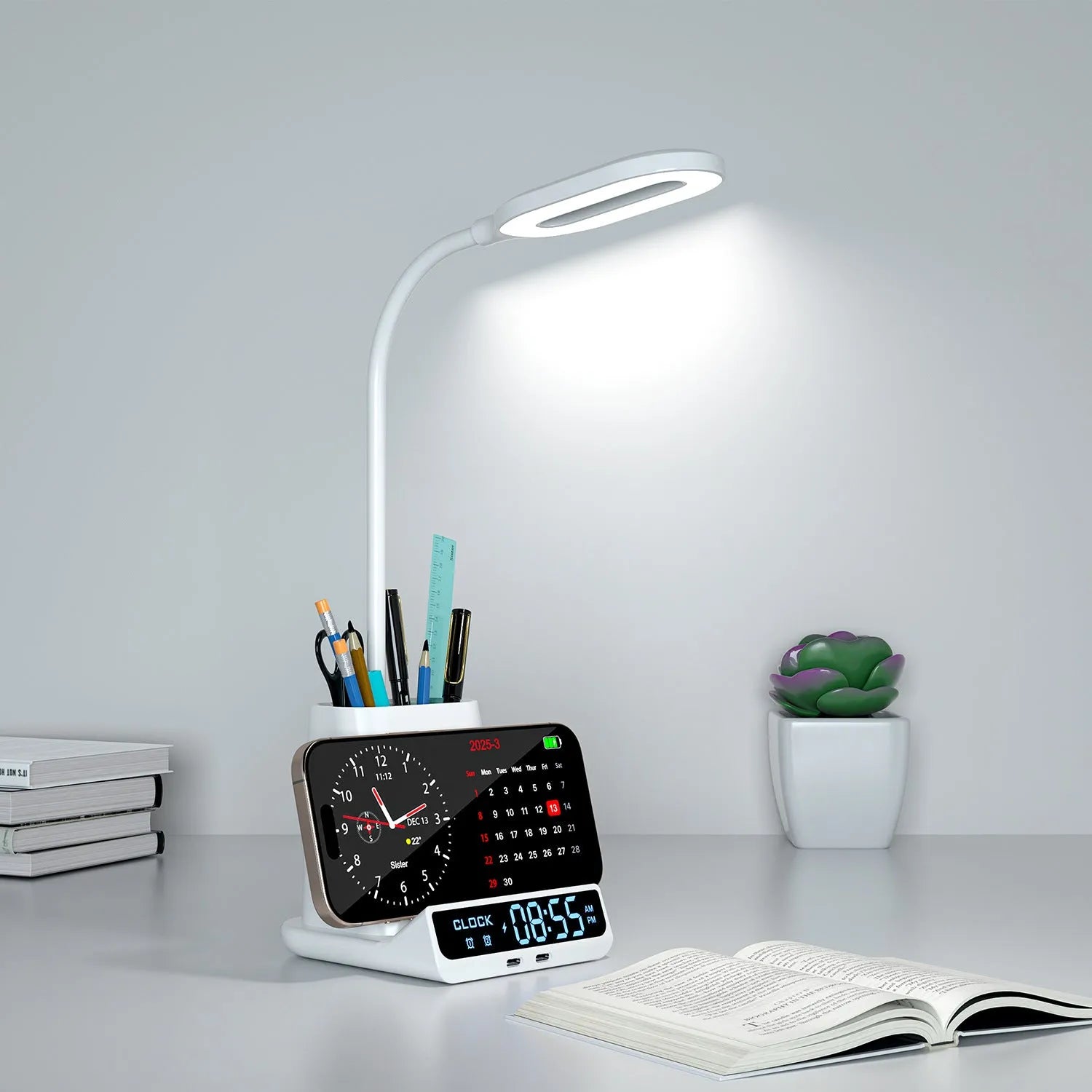 Modern desk lamp with wireless charging base and integrated pen holder storage compartment.