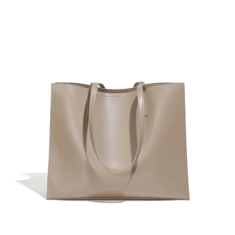 Brown genuine leather women's one-shoulder handbag with horizontal square shape
