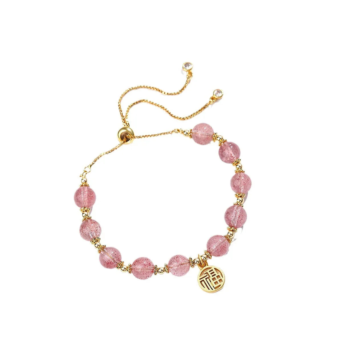 Pink strawberry quartz geometric bracelet with electroplated finish and fu character detail