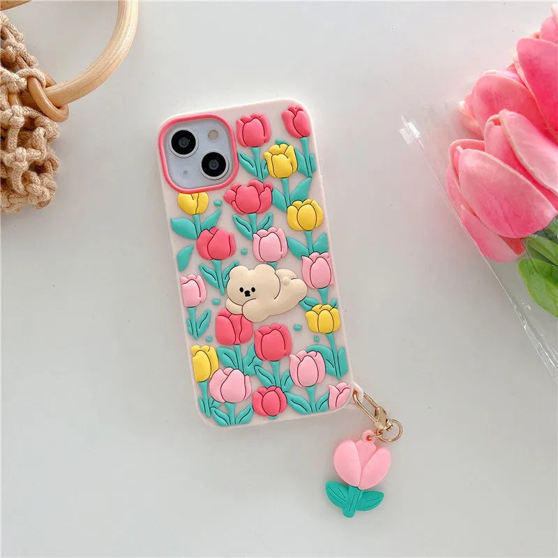 Creative cartoon little bear flowers silicone phone case with tulip pendant in pink for Apple iPhone
