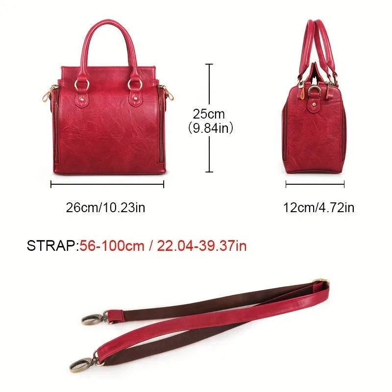 Large capacity genuine leather shoulder bag in light brown with horizontal square shape and retro sewing thread details