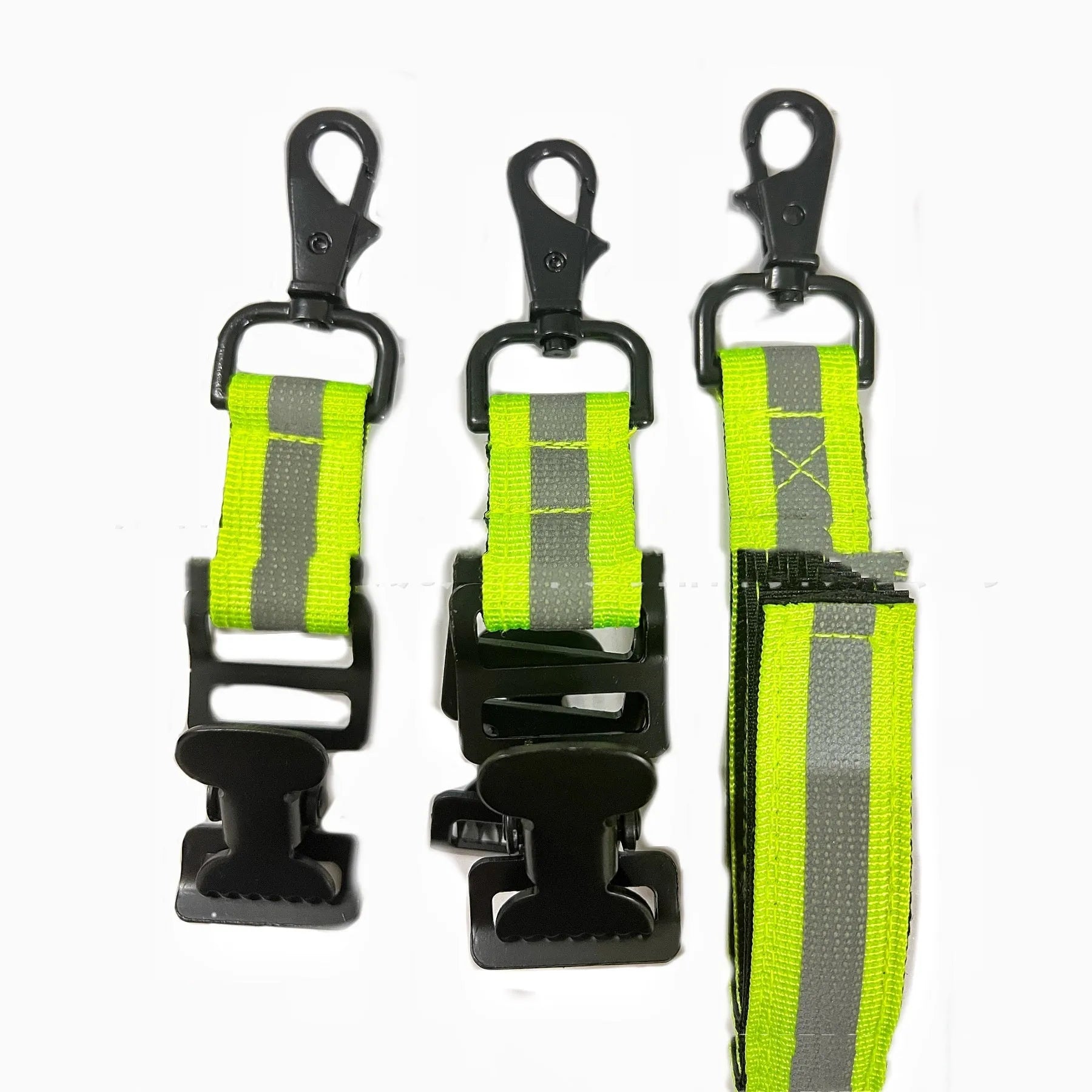 Fluorescent green metal buckle safety clip for industrial gloves and equipment.